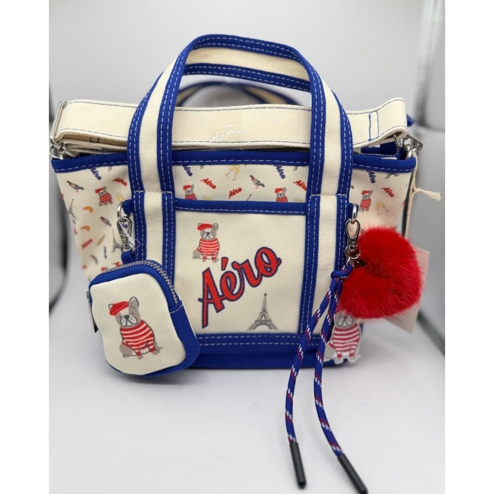 NEW Aeropostale French Bulldog Mini Tote Bag Crossbody Coin Purse Small Blue NWT